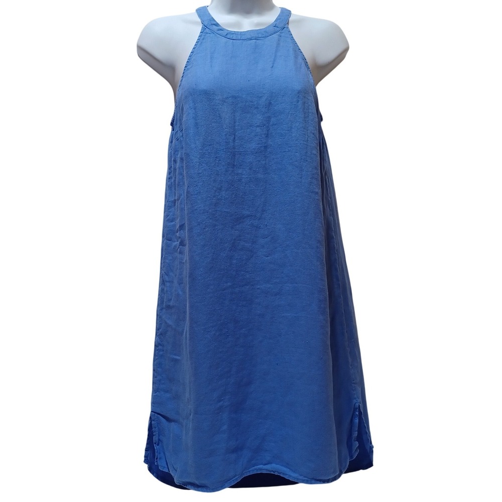 Antibes Blanc Linen Halter Mini Dress Womens XS Blue Mini Coastal Resort Beach